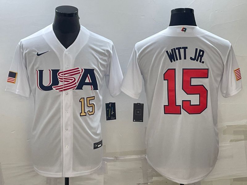 Men 2023 World Cub USA #15 Witt jr White Nike MLB Jersey2